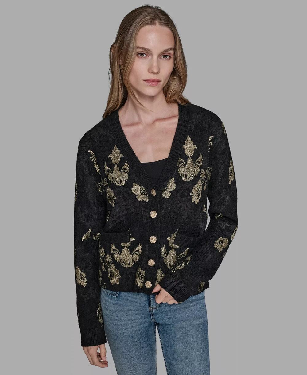 Karl Lagerfeld Paris Cardigan Sweater Women XL Black Gold Floral Knit V-Neck NWT